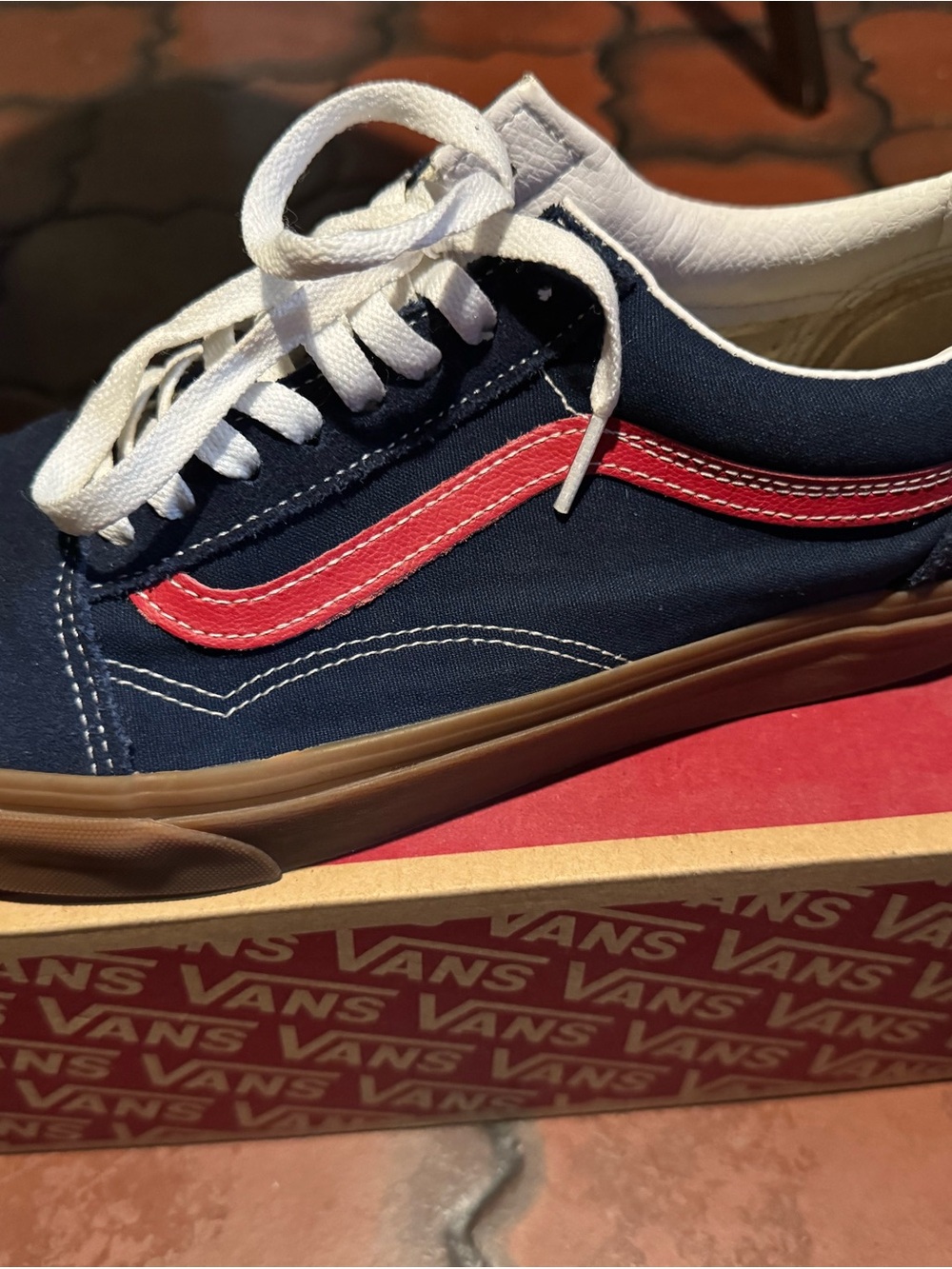 Vans Old Skool Low-Top Sneakers in Navy with Red Side Stripe